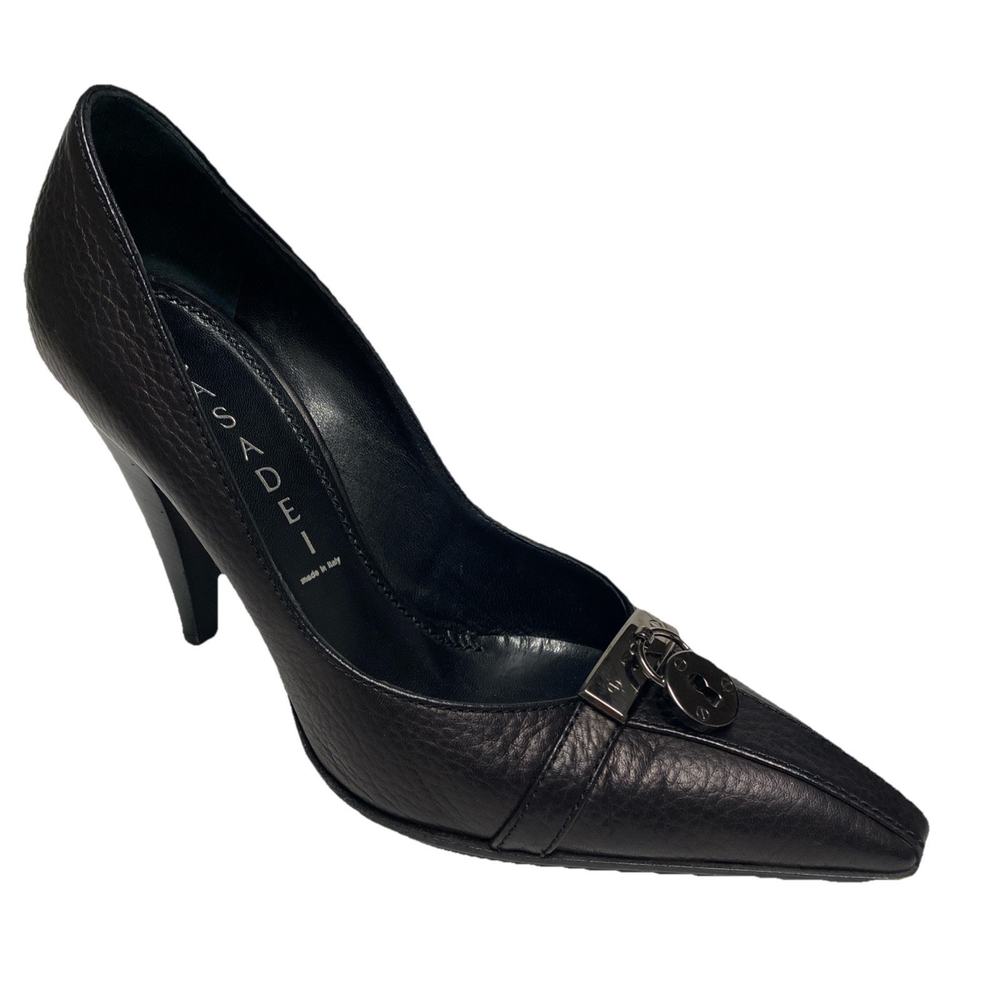 Casadei Pump Black Leather Point Toe Lock Charm Slim Heel Italy Slip On …
